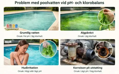 Grönt, grumligt vatten i poolen visar på obalans. Algväxt och hudirritation kan uppstå.
