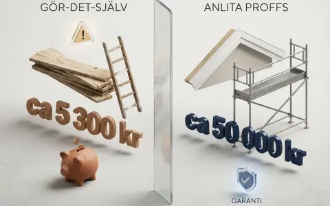 Jämförelse av att byta vindskivor själv med material och stege för ca 5 300 kr, eller anlita proffs med ställning för ca 50 000 kr.