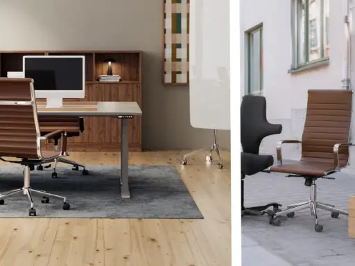 Bruna kontorsstolar och ett modernt skrivbord ger inspiration kontor. En lådhurts står utomhus.