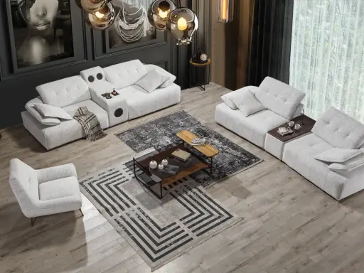 Modern soffgrupp 3+3+1 i ljusgrått tyg med integrerade mugghållare och högtalare. Vardagsrummet har två soffor, en fåtölj, soffbord och mattor.
