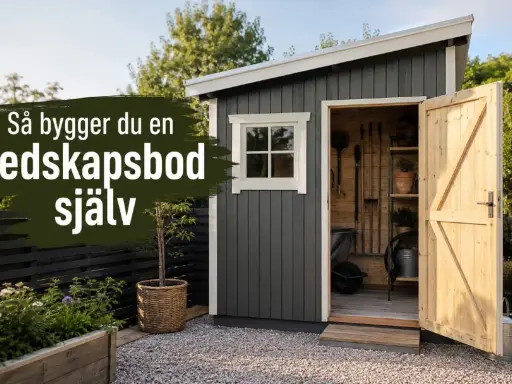 En mörkredskapsbod med öppen dörr, fönster och trädgårdsredskap inuti. Texten "Så bygger du en redskapsbod själv" syns tydligt.