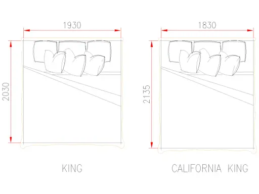 Ritning av en king size säng och en California king size säng med mått.