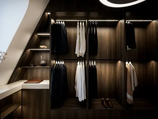 Elegant platsbyggd walk in closet i mörkt trä med stilfull belysning. Hängande kostymer, skjortor och accessoarer.