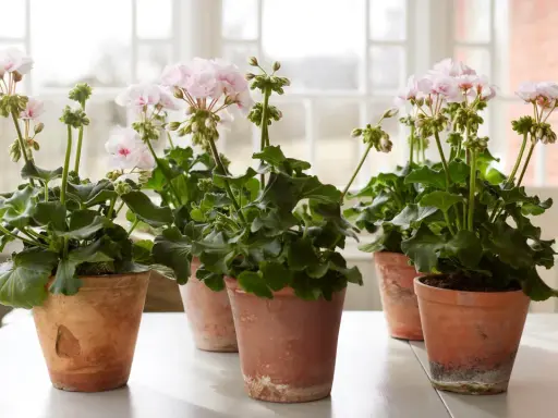 Flera krukor med rosa pelargoner inomhus, med gröna blad och blomknoppar.
