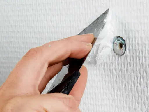 Hand spacklar ett hål i en vit, strukturerad vägg med en spackel.