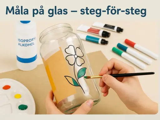 En hand målar ett blommönster på ett glas med en pensel. Färger och alkohol på bordet.