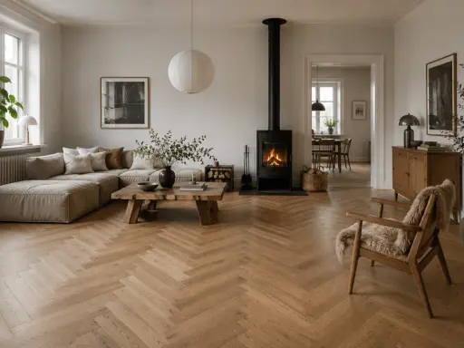 En mysig lounge med en stor soffa, en eldstad och en träbänk. En modern möbel trend som skapar en varm och inbjudande atmosfär.