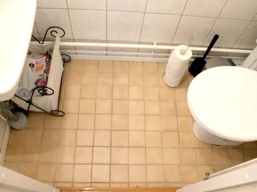 En liten toalett med beige kakelgolv. En tidningskorg står vid handfatet, och en toalettrulle och borste står bredvid toaletten. Kanske dags att måla kakel?
