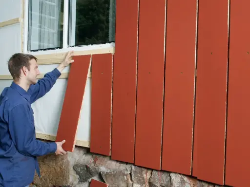 Man monterar en röd träpanel på en fasad. En dropplist syns under fönstret.