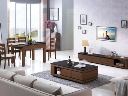 Ett modernt vardagsrum med en elegant tv möbel i trä, soffa och matgrupp.