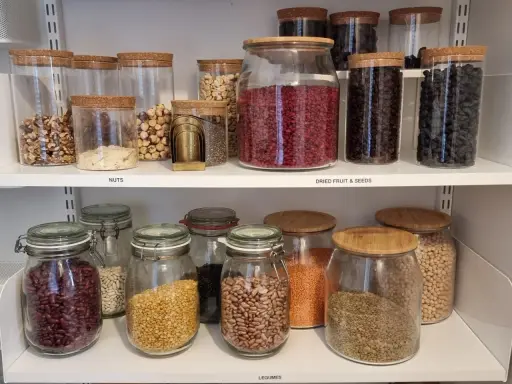 Välordnat skafferi med glasburkar fyllda med nötter, torkad frukt, frön och baljväxter. Perfekt för att organisera skafferi.