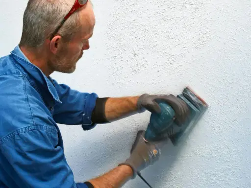 Man slipar en vägg med en excenterslip för att få bort slipdamm innan målning.