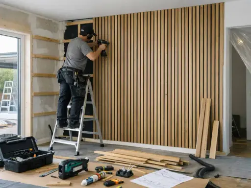 Man monterar en kapa akustikpanel på väggen med en omladdningspistol. Verktyg och material ligger utspridda på golvet.