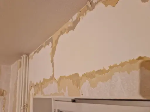 Här ser du hur tapeten flagnar och visar underliggande lager. För att få en slät yta behöver man spackla.