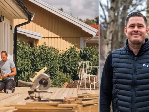 Man fixar altan med skruvdragare. Bredvid syns en man i väst med texten "Dryft".