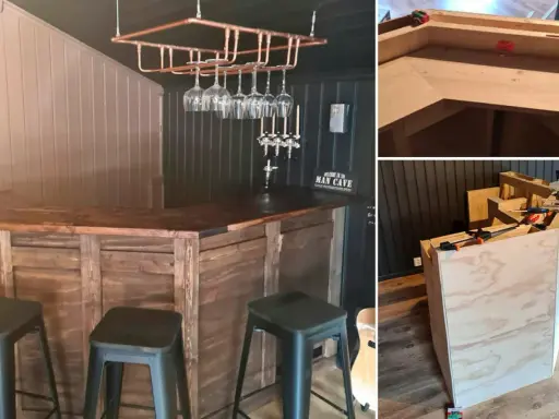 Här byggs en bar med rustik träfinish. Glasställning i koppar hänger ovanför. Tre bilder visar olika steg i bygget.