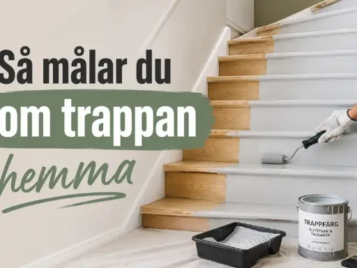 En person målar trappsteg inomhus med en liten roller. Halva trappan är omålad, halva är målad i ljusgrått. Texten "Så målar du om trappan hemma" syns.