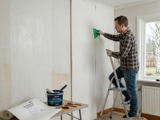 Man på en stege tapetserar en vägg med en grön spatel. Verktyg och tapetrulle syns på ett bord.