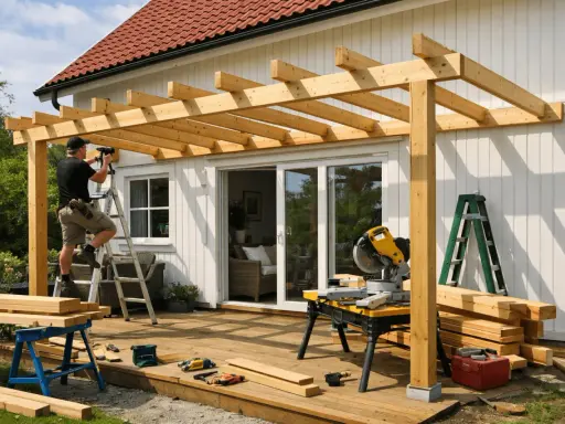 Man bygger en pergola på altanen. Trämaterial, såg och verktyg ligger redo.