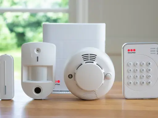 En uppsättning säkerhetskomponenter: en rörelsedetektor, en dörr-/fönstersensor, en rökdetektor och ett kontrollpanel med knappsats. Allt redo för att ge en alert alarm.