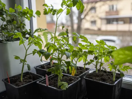 Små tomatplantor i svarta krukor på fönsterbrädan, redo att vattna tomater underifrån för att främja stark tillväxt.