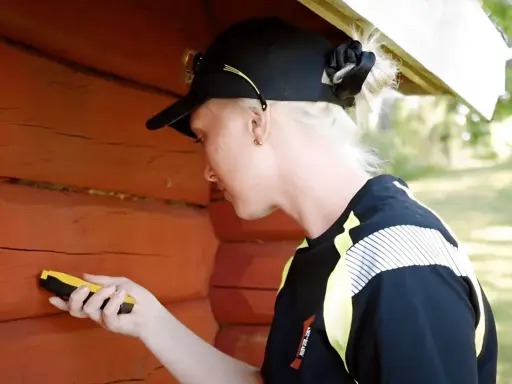Kvinna med keps mäter luftfuktighet i en röd timmervägg med en fuktmätare.