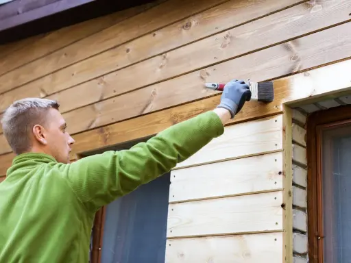 Man målar panel utomhus med pensel. Träet får en varmare ton.
