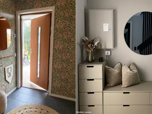 Hall spegel inspiration: en rund spegel i en hall med blommig tapet och en annan hall med en rund spegel över en byrå.