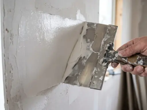 A hand uses a trowel to apply white spackle to a textured wall.