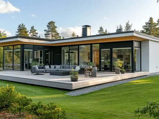 Modernt hus med stora fönster och en rymlig altan. Det platta taket ger huset en stilren och minimalistisk känsla.