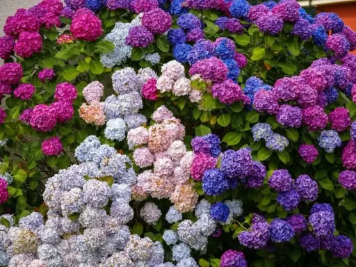 En frodig hortensia med blommor i nyanser av rosa, lila och blått. Denna hortensia trivs i väldränerad jord.