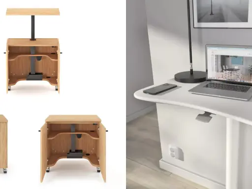 Flexibelt hemmakontor på liten yta med en vit, ergonomisk skrivbordsskiva och en mobil, träfärgad förvaringsenhet.