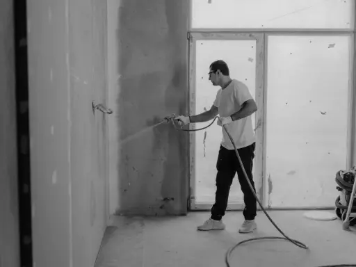 Man sprutar färg på en vägg inomhus, en del av arbetet med fasad hus.