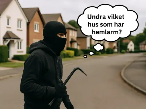En maskerad person med ett kofot funderar på inbrott statistik och vilket hus som har hemlarm.