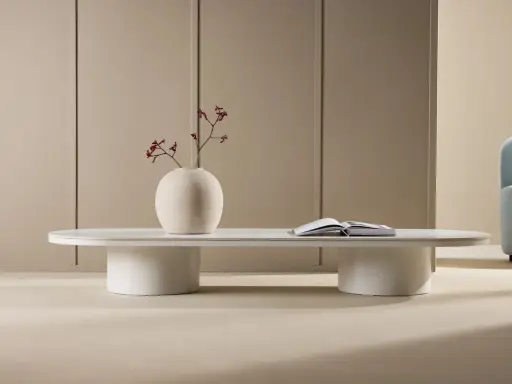 Ett modernt, ovalt soffbord med en vit puff-liknande bas. En vas med en gren och en öppen bok står på bordet.