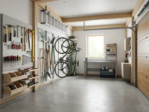 Praktiska garage inredningstips: verktyg på väggar, cyklar upphängda och en arbetsbänk för projekt.