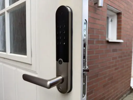 Ett modernt Yale Doorman V2N-lås på en vit dörr, redo att styras via app.
