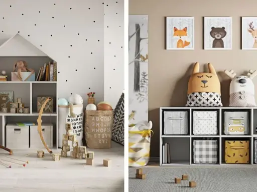 Sött litet barnrum inspiration med lekfulla förvaringslösningar, djurmotiv och prickig tapet.