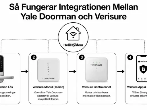 Diagram visar hur Yale Doorman integreras med Verisure. Yale Doorman skickar signaler via en modul och centralenhet till Verisure App för fjärrstyrning.
