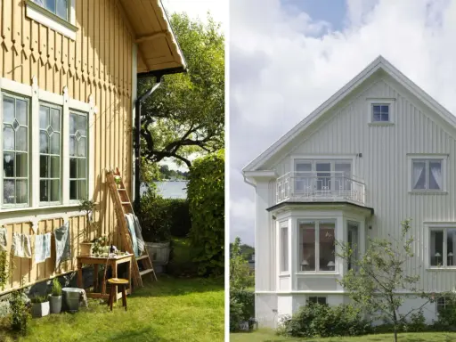 Gula och vita hus, redo att måla hus. Trädgårdsmöbler och tvättlinor vid det gula huset.