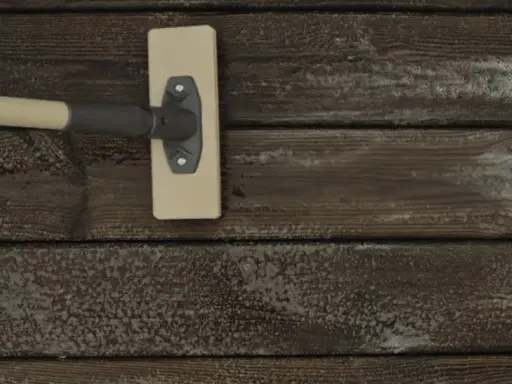 En borste med skum rengör träet. Snart är det dags att skura altan för sommaren.