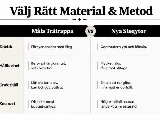 Jämförelse av att måla trappa mot nya stegytor. Fördelar och nackdelar gällande estetik, hållbarhet, underhåll och kostnad.