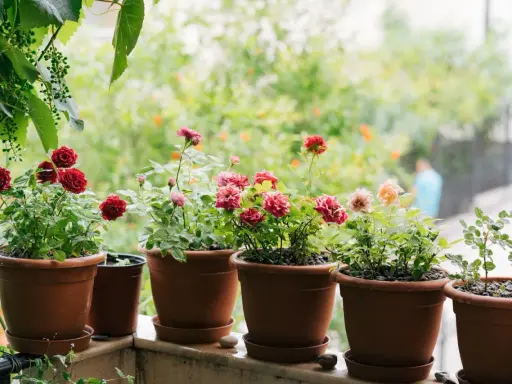 Vackra rosor i krukor på en balkong. En person plantera ros och njuter av blommorna.