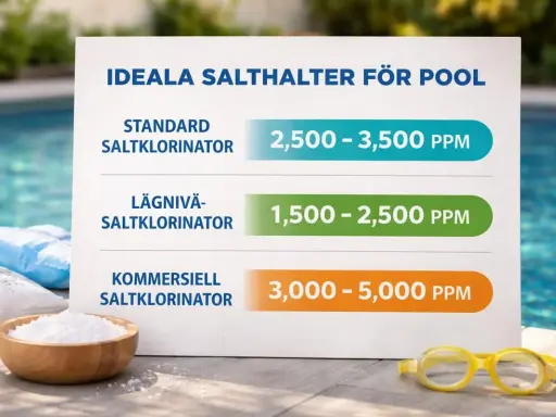 Information om ideala salthalter för pooler. Att ha fel salthalt kan vara en av nackdelarna med saltvattenpool.