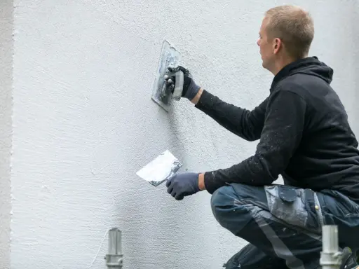 Man putsar en vit fasad med en bredspackel. Det är viktigt att man målar putsad fasad för att skydda den.