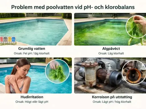 Grönt, grumligt vatten i poolen visar på obalans. Algväxt och hudirritation kan uppstå.