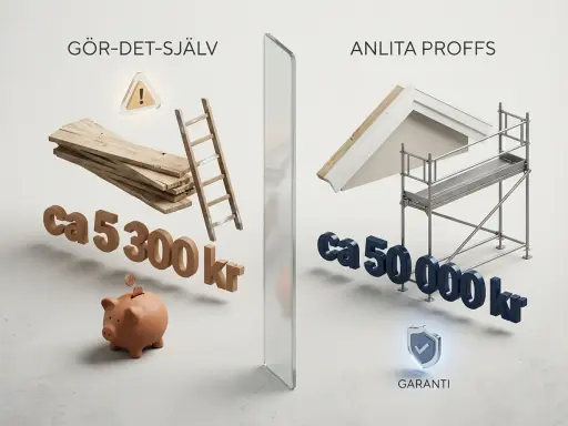 Jämförelse av att byta vindskivor själv med material och stege för ca 5 300 kr, eller anlita proffs med ställning för ca 50 000 kr.