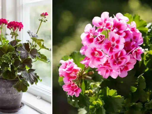 En kruka med mörka blad och rosa blommor står vid ett fönster. Bredvid syns en närbild på rosa pelargonblommor med mörka fläckar.