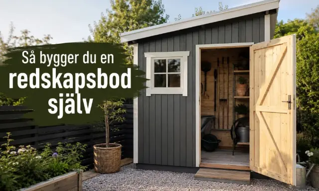 En mörkredskapsbod med öppen dörr, fönster och trädgårdsredskap inuti. Texten "Så bygger du en redskapsbod själv" syns tydligt.