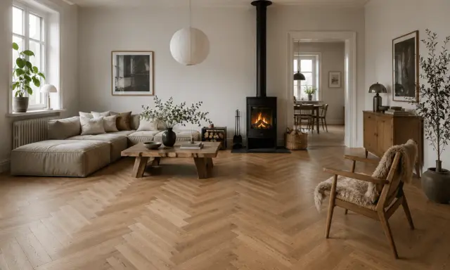 En mysig lounge med en stor soffa, en eldstad och en träbänk. En modern möbel trend som skapar en varm och inbjudande atmosfär.
